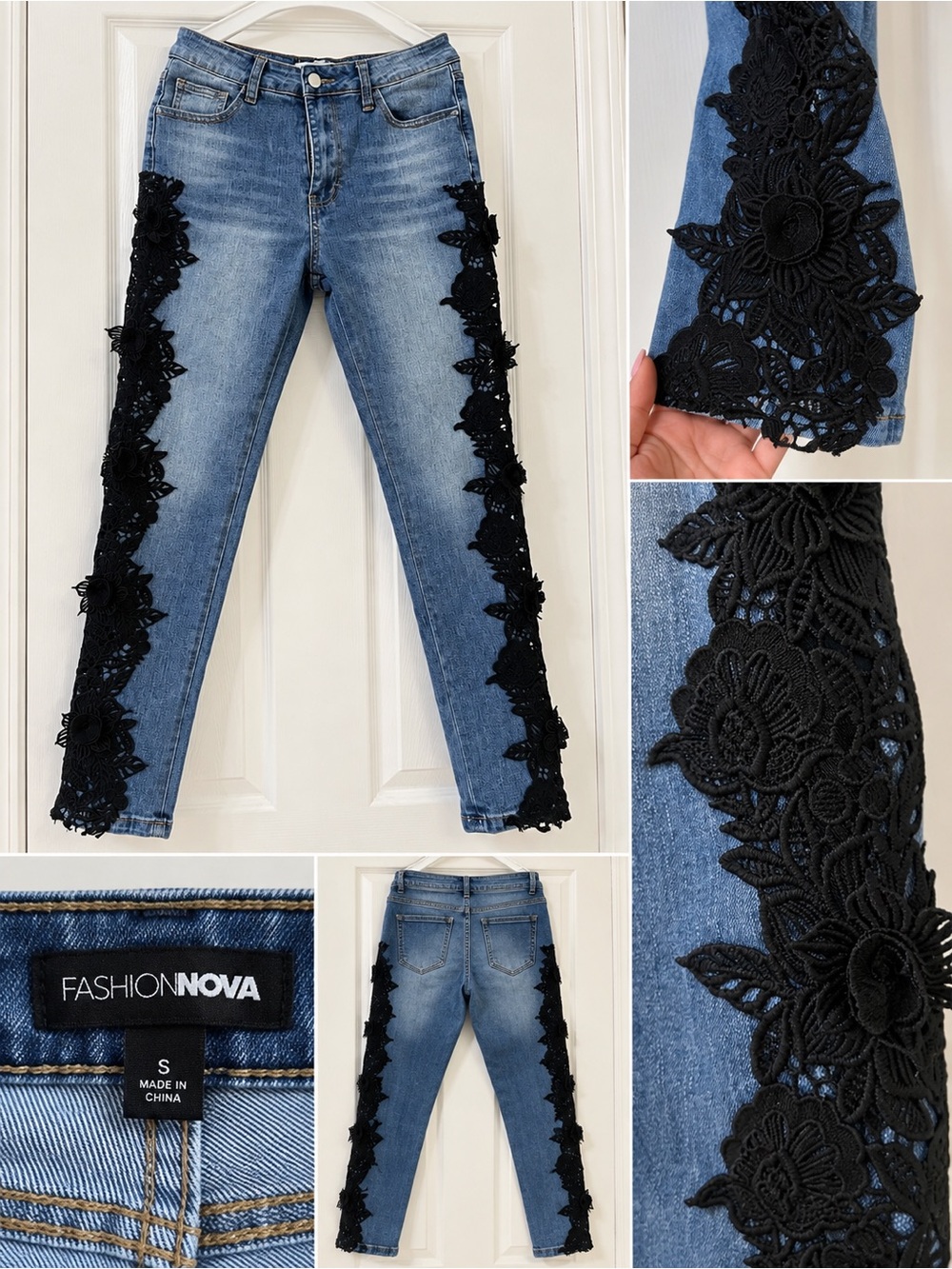 Fashion Nova Light Blue Skinny Jeans with Black Lace Trim size 5